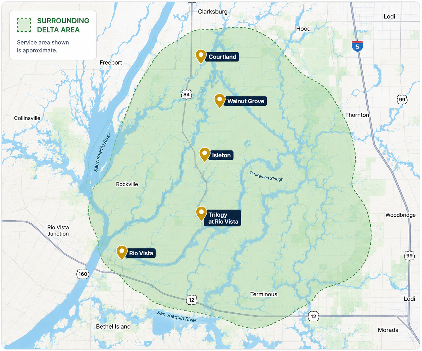 Pride Auto Wash approximate mobile service area covering Rio Vista, Trilogy, Isleton, Walnut Grove, Courtland and the surrounding California Delta