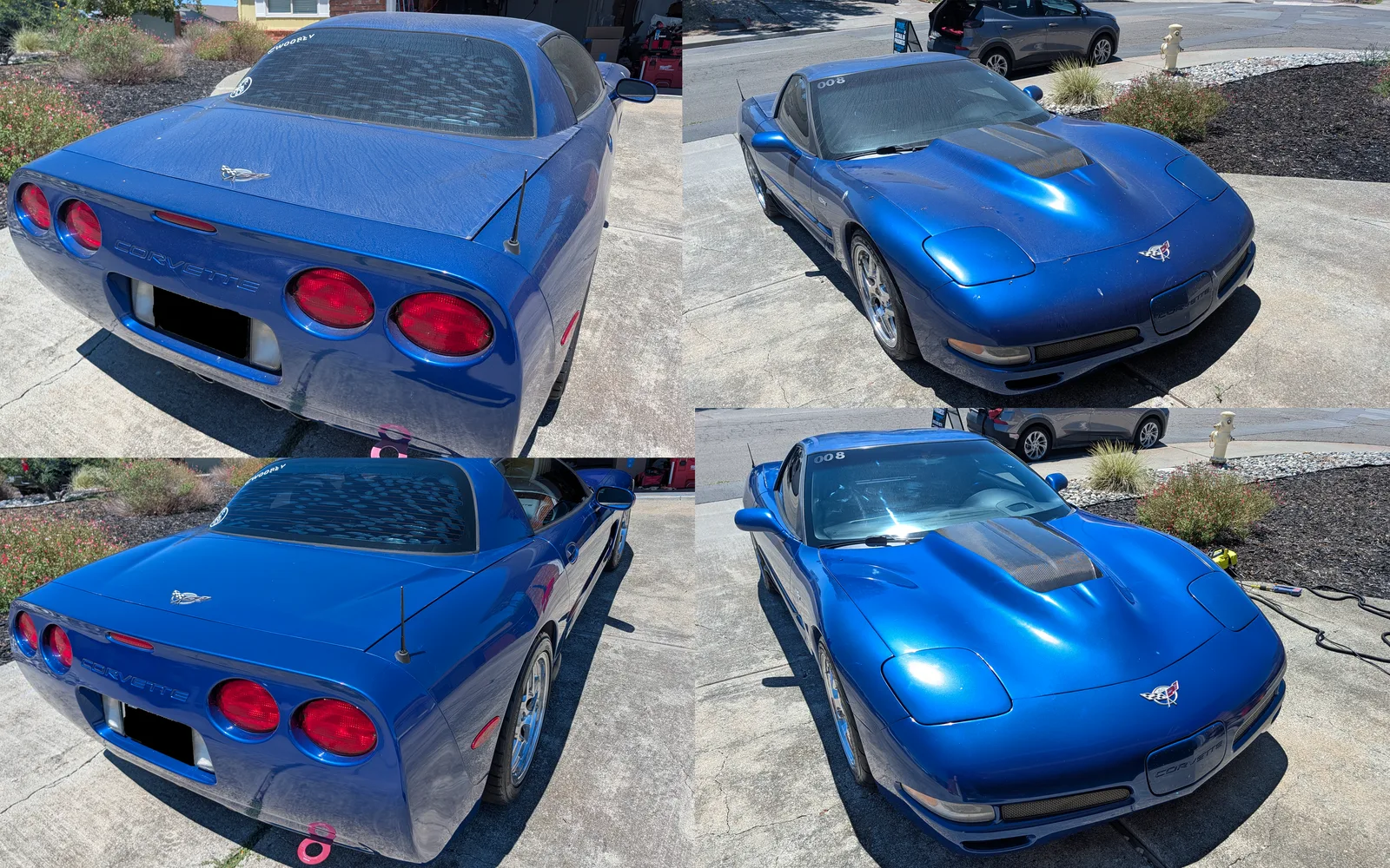 Before and after comparison of a blue Corvette detailed by Pride Auto Wash